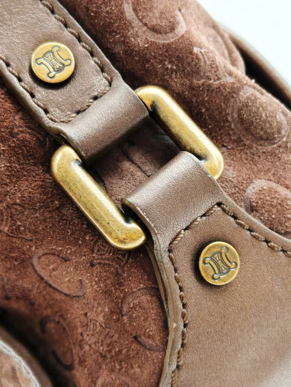 Celine Brown Suede Macadam Monogram Shoulder Hobo Bag Gold Hardware Italy Vintag